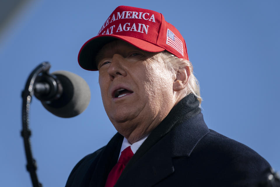 President Donald Trump speaks during a campaign rally at Fayetteville Regional Airport, Monday, Nov. 2, 2020, in Fayetteville, N.C. (AP Photo/Evan Vucci)