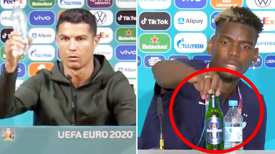 Paul Pogba (pictured right) followed Cristiano Ronaldo's (pictured left) actions and removed a bottle from the table in front of him during a press conference. (Images: Twitter)