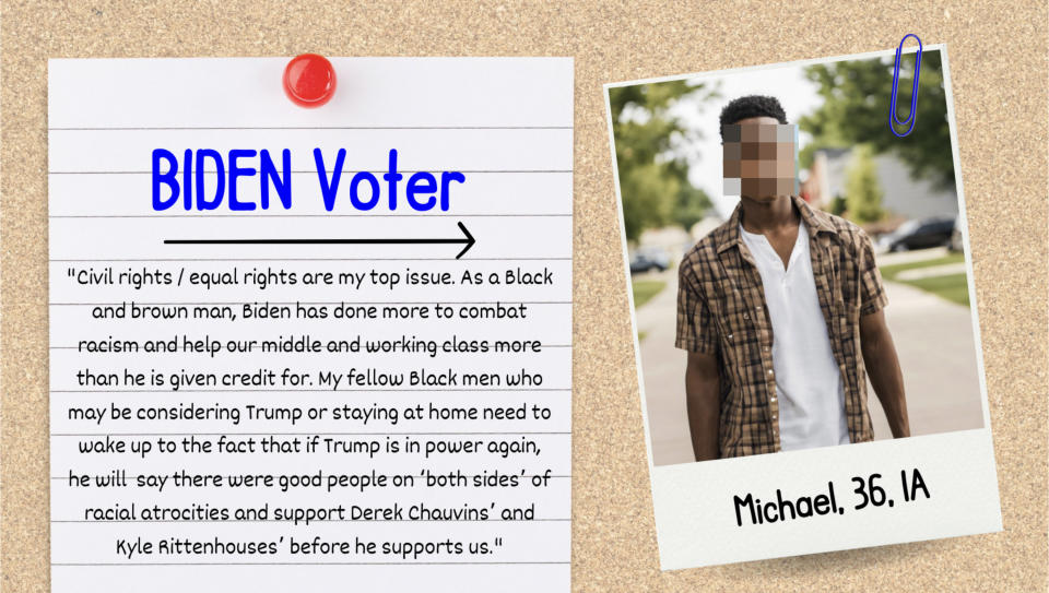 Biden Voter note and Polaroid photo of Michael, 36, IA. Note discusses civil rights, Trump's impact, and urging Black men to support Biden to avoid racial injustices