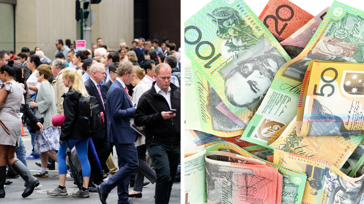 A composite image of a crowd of people walking on a busy street and Australian currency to represent tax claims people can make.