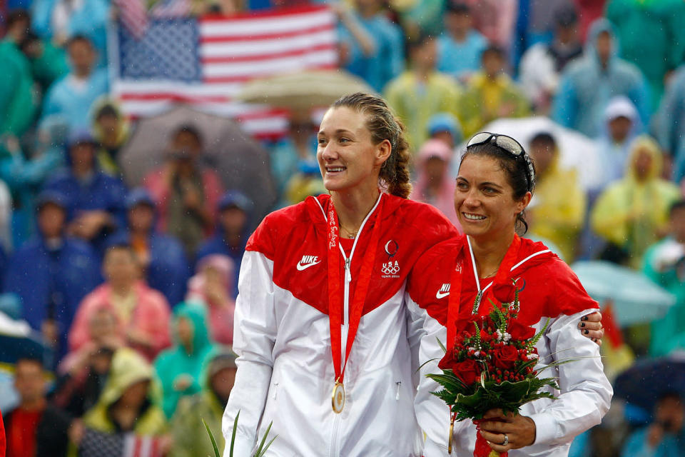 Gold medalists Kerri Walsh and Misty May-Treanor of the United States celebrate after winning the women's gold medal match against China held at the Chaoyang Park Beach Volleyball Ground during Day 13 of the Beijing 2008 Olympic Games on August 21, 2008 in Beijing, China.