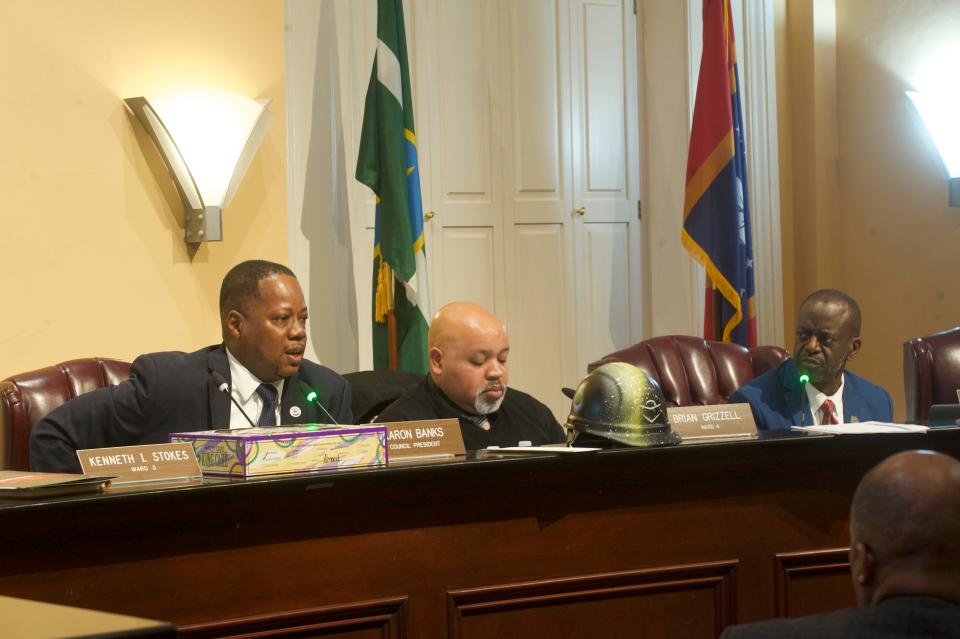 From Left: Ward 6 Councilman Aaron Banks, Ward 4 Councilman Brian Grizzell and Ward 5 Councilman Vernon Hartley debate funding a city-project that would build a 60-unit tiny home village for the homeless.