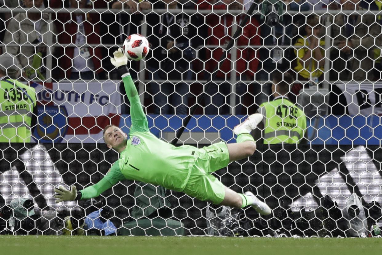 England goalkeeper Jordan Pickford makes his decisive penalty save against Colombia in the 2018 World Cup Round of 16. (AP)