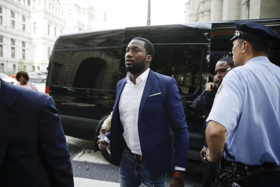 Rapper Meek Mill arrives at the criminal justice center in Philadelphia for a status hearing, Tuesday, Aug. 6, 2019. (AP Photo/Matt Rourke)