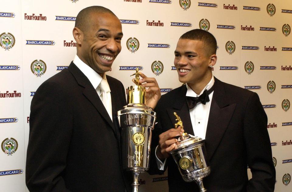 Thierry Henry and Jermaine Jenas with their respective PFA Player of the Year and PFA Young Player of the Year Awards at the PFA Awards Ceremony, at the Grosvenor House Hotel in Central London. THIS PICTURE CAN ONLY BE USED WITHIN THE CONTEXT OF AN EDITORIAL FEATURE. NO WEBSITE/INTERNET USE UNLESS SITE IS REGISTERED WITH FOOTBALL ASSOCIATION PREMIER LEAGUE. (Photo by Chris Young - PA Images/PA Images via Getty Images)