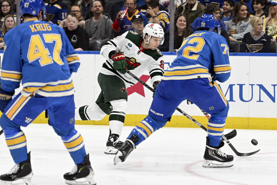 Minnesota Wild Marco Rossi (23) shoots the puck in the first period against the St. Louis Blues during an NHL hockey game on Saturday, March 2, 2024, in St. Louis. (AP Photo/Michael Thomas)