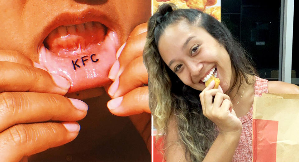 Tabatha, pictured here, has KFC tattoed on her lip. [Photo: Caters]