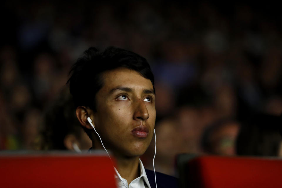 Colombia's Egan Bernal attends to the presentation of the Tour de France 2020 cycling race, in Paris, Tuesday Oct. 15, 2019. The 107th edition of the race starts on June 27 2019 to end on the Champs-Elysees avenue on July 19. (AP Photo/Thibault Camus)