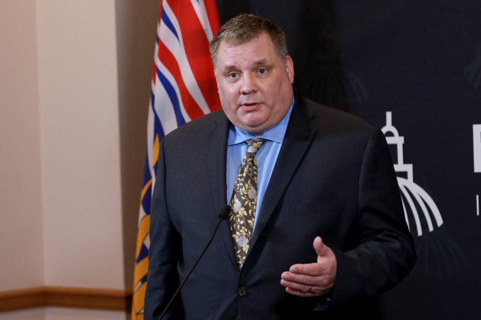 B.C. Liberal finance critic Peter Milobar answers questions about the the budget speech during a press conference at the legislature in Victoria, B.C., on Tuesday, February 28, 2023.