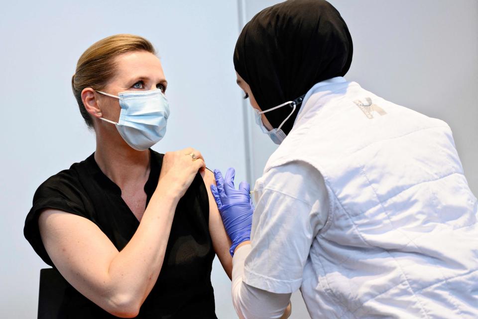 Danish Prime Minister Mette Frederiksen vaccinated against Covid-19 in Copenhagen on June 4 (Ritzau Scanpix/AFP via Getty Images)