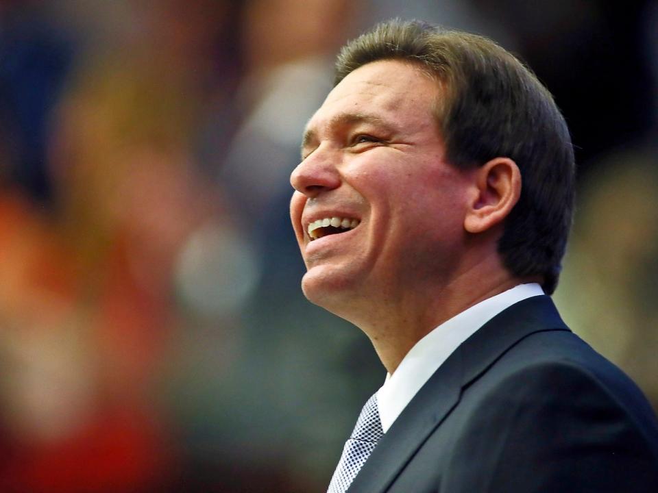 Florida Gov. Ron DeSantis smiles as he ends his State of the State address during a joint session of the Senate and House of Representatives Tuesday, March 7, 2023, at the Capitol in Tallahassee, Florida.