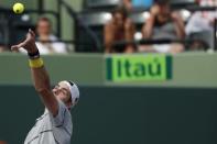 Mar 28, 2018; Key Biscayne, FL, USA; John Isner of the United States serves against Hyeon Chung of Korea (not pictured) on day nine at the Miami Open at Tennis Center at Crandon Park. Isner won 6-1. 6-4. Mandatory Credit: Geoff Burke-USA TODAY Sports