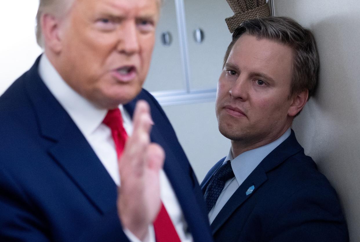 President Donald Trump stands with campaign manager Bill Stepien aboard Air Force One on Aug. 28, 2020. (SAUL LOEB via Getty Images)