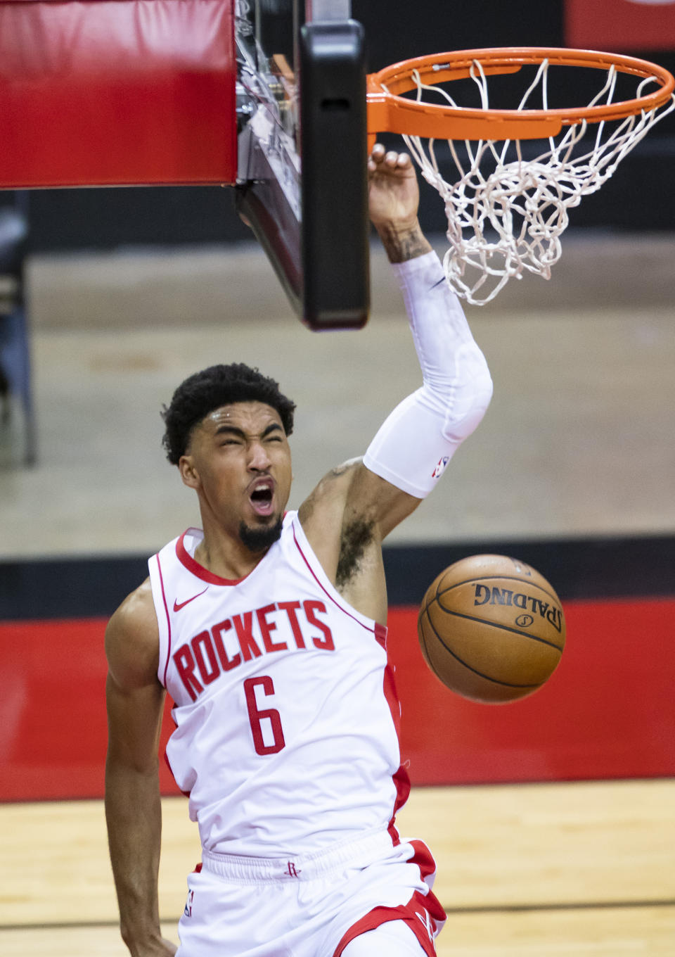 Houston Rockets forward Kenyon Martin Jr. dunks against the Los Angeles Clippers during the third quarter of an NBA basketball game Friday, May 14, 2021, in Houston. (Mark Mulligan/Houston Chronicle via AP)