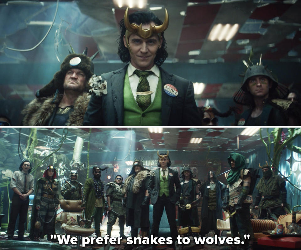 President Loki saying, "We prefer snakes to wolves"