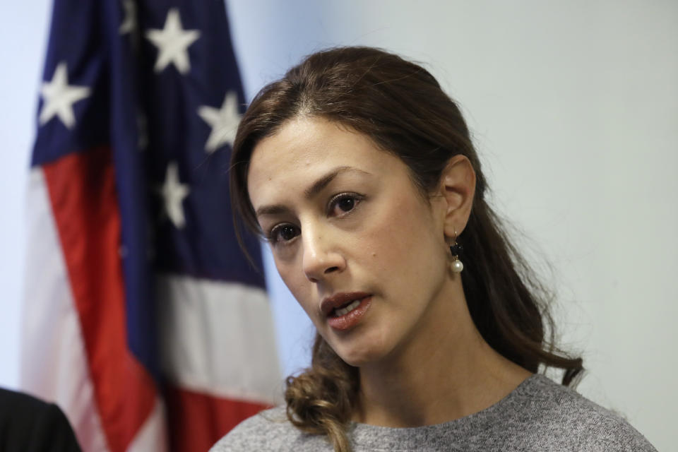 Negah Hekmati speaks about her hours-long delay returning to the U.S. from Canada with her family days earlier, during a news conference at the office of Rep. Pramila Jayapal, D-Wash., Monday, Jan. 6, 2020, in Seattle. Civil rights groups and lawmakers were demanding information from federal officials following reports that dozens of Iranian-Americans were held up and questioned at the border as they returned to the United States from Canada over the weekend. In a statement Sunday, the Washington state chapter of the Council on American-Islamic Relations said more than 60 Iranians and Iranian-Americans were detained and questioned at the Peace Arch Border Crossing in Blaine, Washington. (AP Photo/Elaine Thompson)