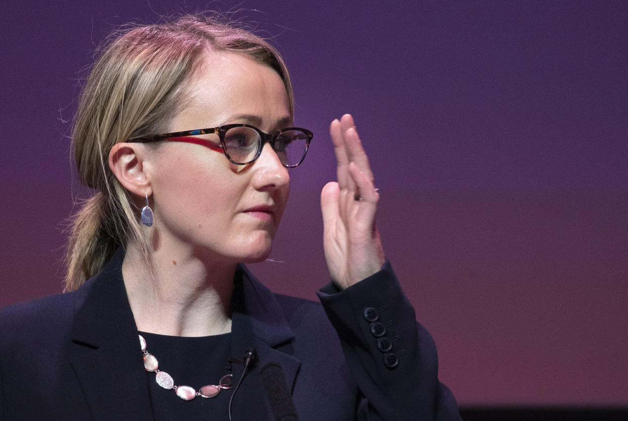 Britain's Labour Party leadership candidate Rebecca Long-Bailey reacts during the Labour leadership hustings at the SEC centre in Glasgow, Scotland, Saturday Feb. 15, 2020. The race to succeed Jeremy Corbyn as the next leader of Britain's main opposition Labour Party has narrowed to three candidates, Keir Starmer, Rebecca Long-Bailey and Lisa Nandy for the defining vote by party members and registered supporters. (Jane Barlow/PA via AP)