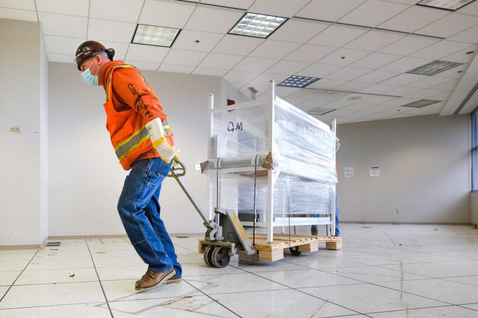 Work being done Monday, March 30, 2020 at the General Motors manufacturing facility in Kokomo, Indiana, where GM and Ventec Life Systems are partnering to produce Ventec VOCSN critical care ventilators. | AJ Mast for General Motors