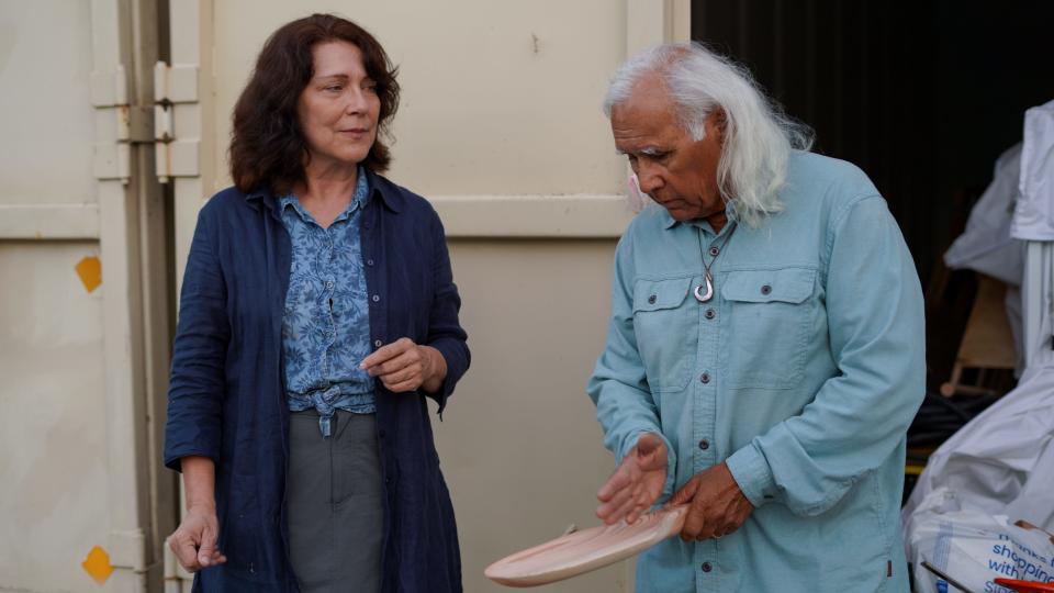 Canadian documentary filmmaker Barbara Todd Hager, left, talks with Chumash and Tataviam elder Alan Salazar in Ventura on Nov. 16.
