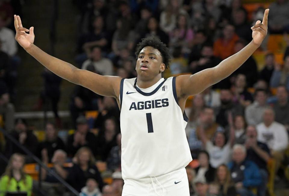 Utah State forward Great Osobor leads the Aggies with 18.7 points a game, and his 9.7 rebounds a night rank No. 1 in the Mountain West.