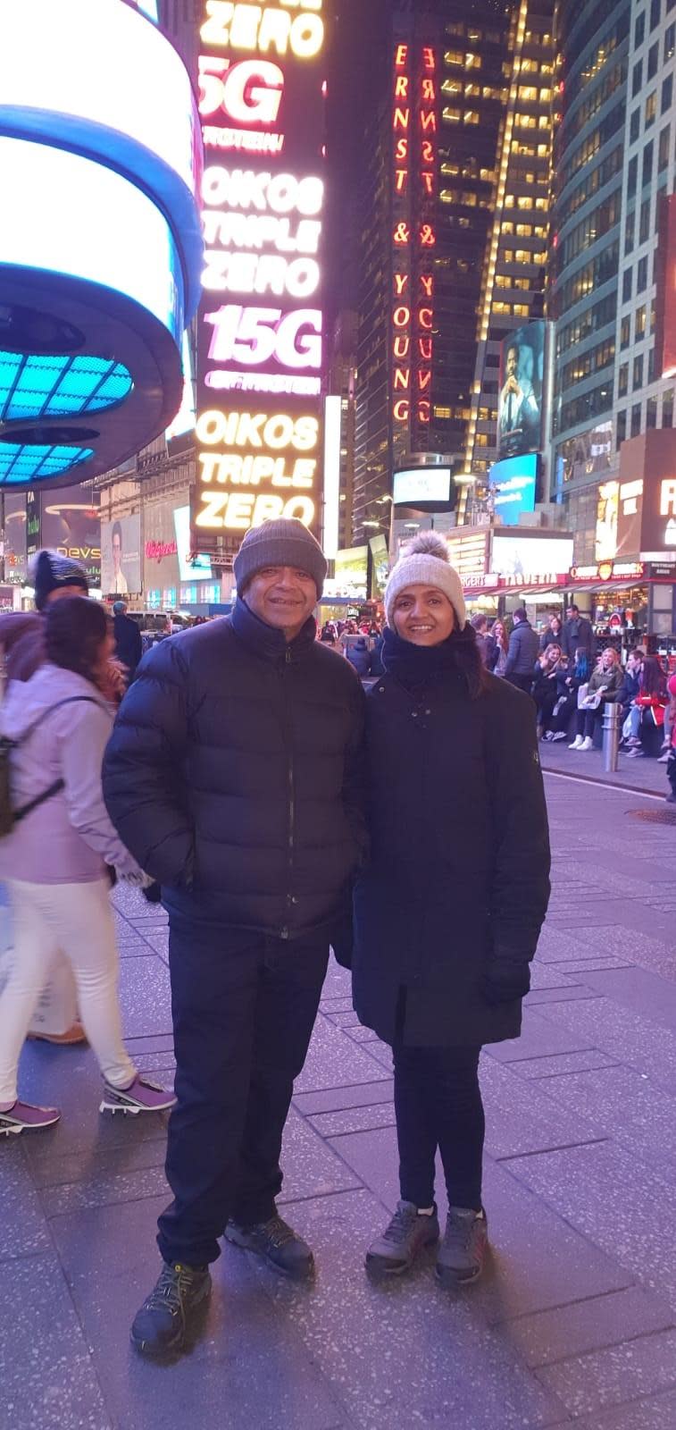 Piyush Patel, 53, and wife Bhavisha Patel, 51, in Times Square on their rescued Valentine's Day (Piyush Patel)