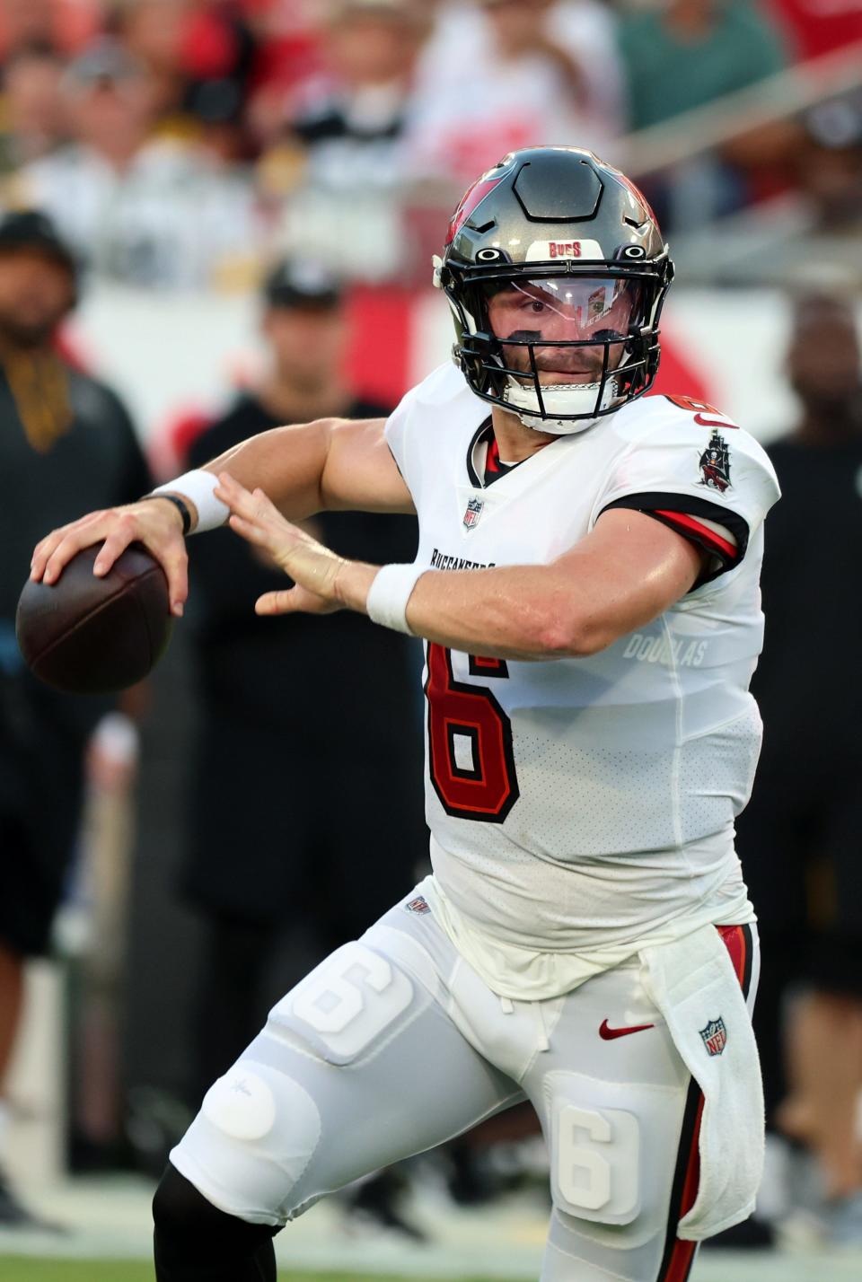 Baker Mayfield signed with the Tampa Bay Buccaneers after playing for the Carolina Panthers and Los Angeles Rams last year. He is competing to replace Tom Brady as the Bucs' starting quarterback.