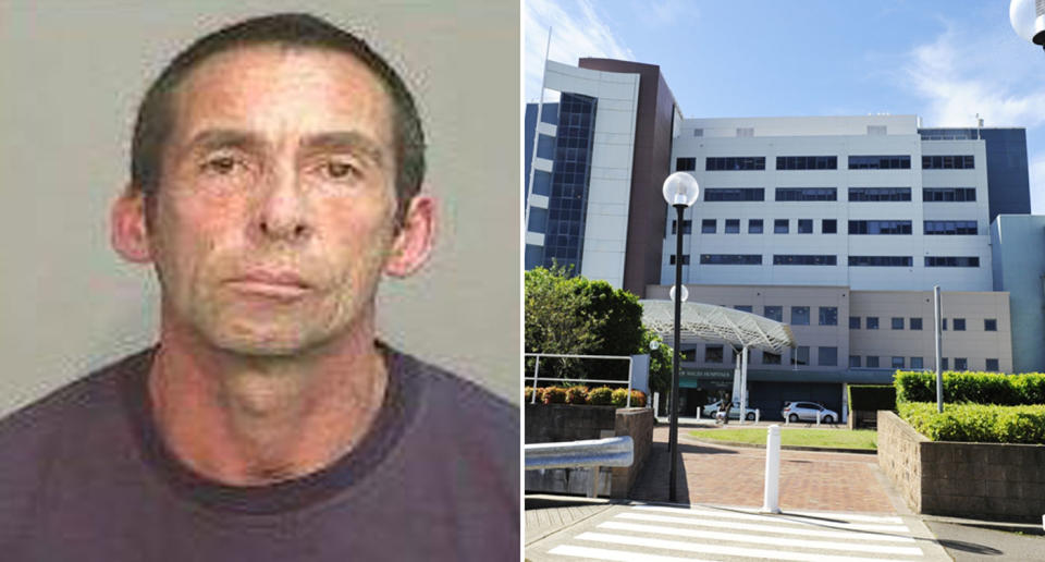 Damien Peters, 50, who killed two people, is in police custody after he allegedly cut off his ankle bracelet. Pictured right is Prince Of Wales Hospital where he had been treated. Source: NSW Police/ AAP