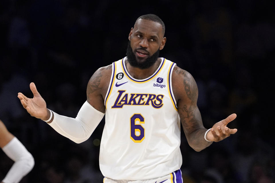 Los Angeles Lakers forward LeBron James gestures to a referee during the first half in Game 3 of an NBA basketball Western Conference semifinal against the Golden State Warriors Saturday, May 6, 2023, in Los Angeles. (AP Photo/Mark J. Terrill)