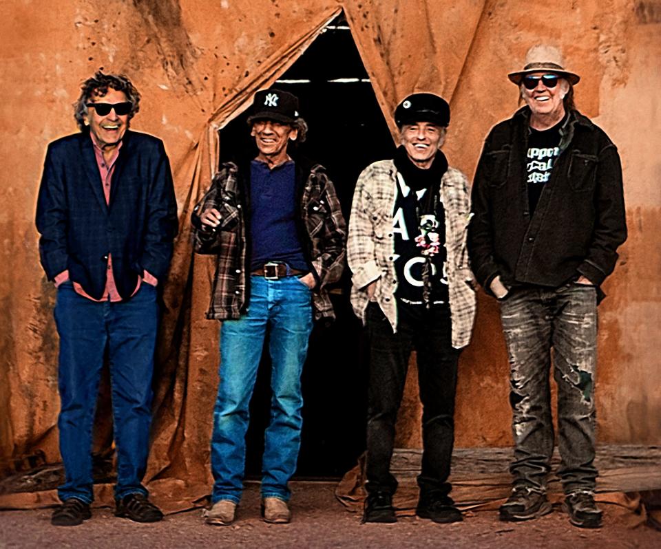 From left: Billy Talbot, Ralph Molina, Nils Lofgren and Neil Young. The new album, "Barn," from Neil Young & Crazy Horse, is out Dec. 10. The musicians recorded it in a restored off-grid 19th century barn in the Rocky Mountains.