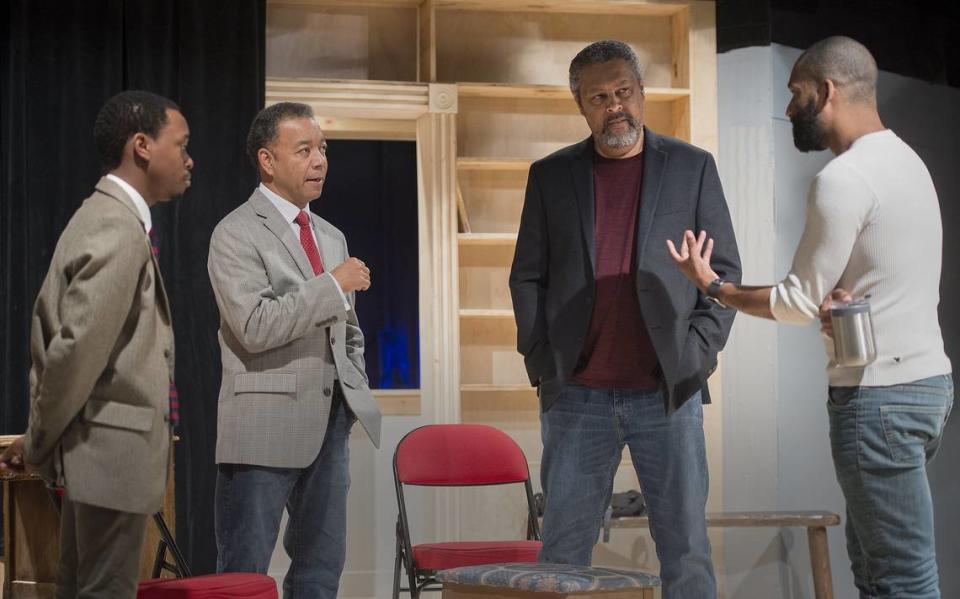 In 2018, Walter Coppage, second from left, played Morehouse College President Benjamin Mays in The Coterie production of “Becoming Martin.” He rehearsed with, from left, Aaron Ellis, who played a young Martin Luther King Jr., Oscar-winning writer Kevin Willmott and director Chip Miller.
