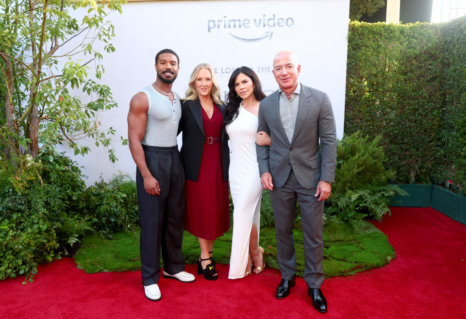 Michael B. Jordan, Amazon Studios’ Jennifer Salke, Lauren Sánchez and Amazon’s Jeff Bezos attend “The Lord Of The Rings: The Rings Of Power” Los Angeles premiere on Aug. 15. - Credit: Getty Images for Prime Video