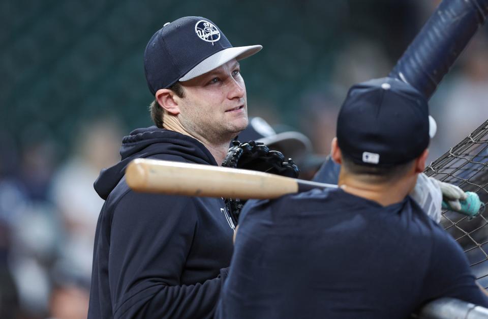 Mar 29, 2024; Houston, Texas, USA; New York Yankees pitcher Gerrit Cole during batting practice before the game against the Houston Astros at Minute Maid Park. Mandatory Credit: Troy Taormina-USA TODAY Sports