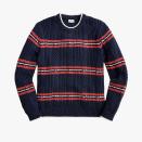 $118, J.Crew. <a href="https://www.jcrew.com/p/mens/categories/clothing/sweaters/pullover/heritage-cotton-cable-knit-sweater-in-stripe/BN489?display=standard&fit=Classic&color_name=navy-festival-red-ivory&colorProductCode=BN489" rel="nofollow noopener" target="_blank" data-ylk="slk:Get it now!;elm:context_link;itc:0" class="link ">Get it now!</a>