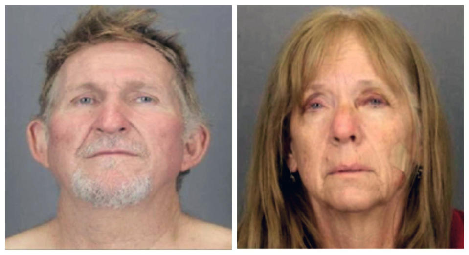 These undated combination booking photos provided by the Tucson Police Department show 56-year-old Blake Barksdale, left, and his 59-year-old wife Susan Barksdale. The couple suspected in a Tucson murder have escaped after overpowering two security guards while being extradited from New York to Arizona, authorities said Tuesday, Aug. 27, 2019. (Tucson Police Department via AP)