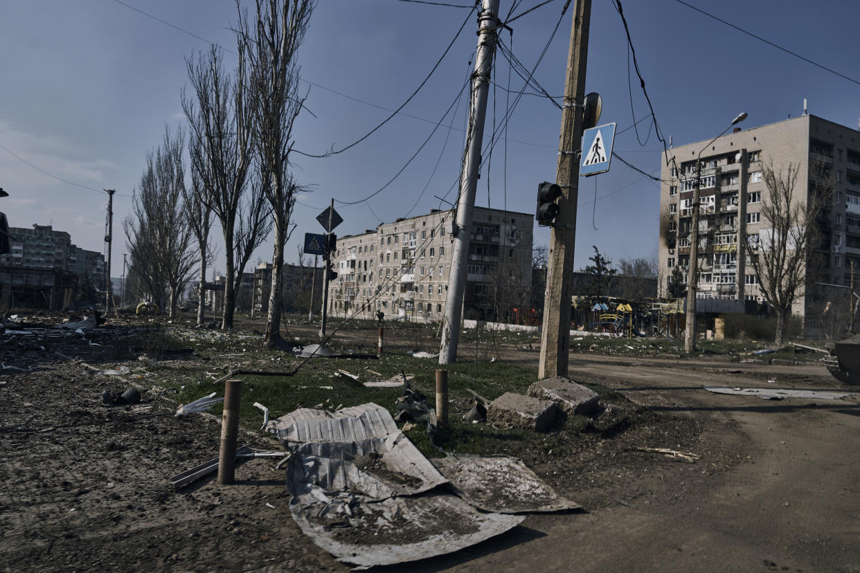 A general view of Bakhmut, the site of heavy battles with Russian troops in the Donetsk region, Ukraine, Sunday, April 9, 2023. (AP Photo/Libkos)