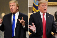 <p>After portraying Donald Trump on the sketch comedy series, Baldwin took home the Emmy Award for outstanding supporting actor. The win meant that Trump, who was nominated before for his reality show <em>The</em> <em>Apprentice</em>, had never won an Emmy, but that someone impersonating him had. How meta! </p> <p>"I suppose I should say, 'At long last, Mr. President, <em>here</em> is your Emmy,'" joked during his acceptance speech. </p>