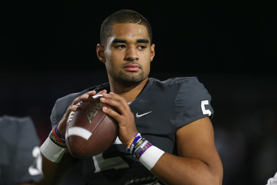 St. John Bosco QB DJ Uiagalelei looks on before a game between the Mater Dei Monarchs and the St. John Bosco Braves on Oct. 25, 2019. (Jevone Moore/Icon Sportswire via Getty Images)