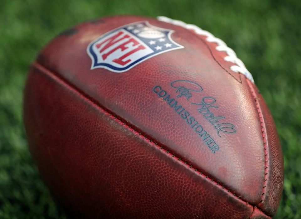 A football seen on the sidelines before an NFL preseason game at Cleveland Browns Stadium on Saturday, August 17, 2024, in Cleveland, Ohio.