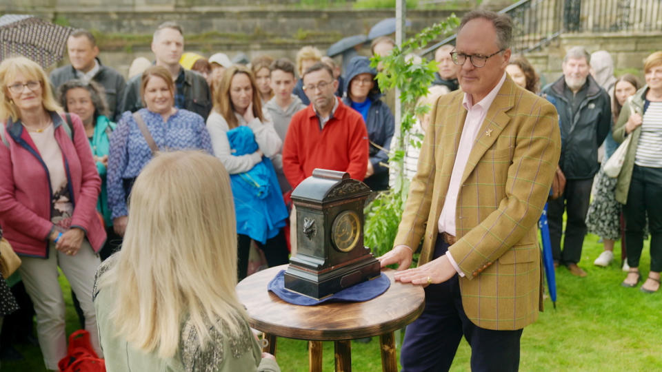 Antiques Roadshow s46,11-02-2024,Pollok Park 3,Expert Ben Wright (Right),A clock awarded for bravery is seen by expert Ben Wright at Pollok Park in Glasgow,BBC Studios