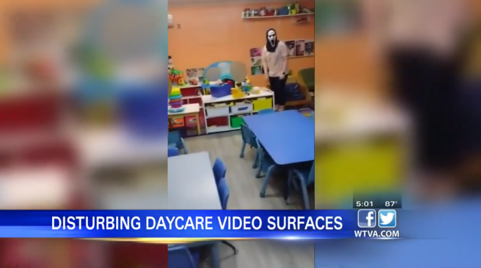 Footage from inside a Mississippi daycare shows employees taunting screaming toddlers in a frightening Halloween mask (WTVA 9/video screengrab)