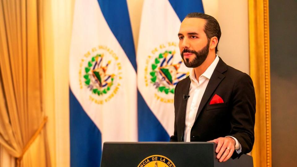 El Salvador"s President Nayib Bukele addresses the nation during a live broadcast