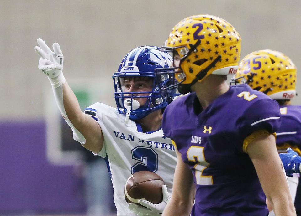 Van Meter wide receiver Caleb Moore (2) celebrates after picking up a first down against Central Lyon/George-Little Rock during Friday's Class 2A final in Cedar Falls.