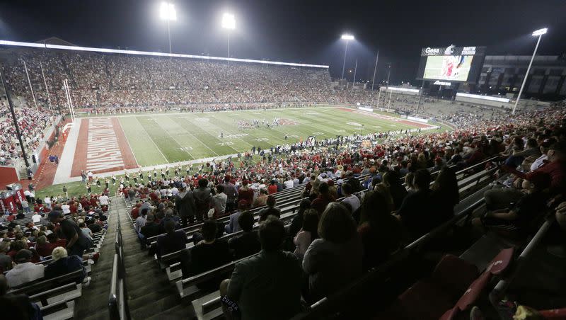Fans watch a football game between Washington State and Utah State on Sept. 4, 2021, at Martin Stadium in Pullman, Wash.