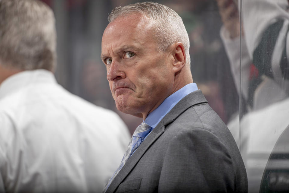 SAINT PAUL, MN - FEBRUARY 15: Minnesota Wild head coach Dean Evason watches from the bench against the Colorado Avalanche during the game at the Xcel Energy Center on February 15, 2023 in Saint Paul, Minnesota. (Photo by Bruce Kluckhohn/NHLI via Getty Images)