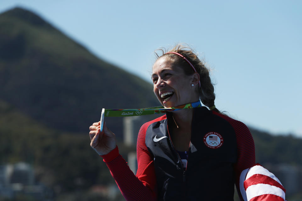 RIO DE JANEIRO, BRAZIL - AUGUST 13:  Silver medalist Genevra Stone of the United States celebrates after the medal ceremony for the Women's Single Sculls on Day 8 of the Rio 2016 Olympic Games at the Lagoa Stadium on August 13, 2016 in Rio de Janeiro, Brazil.  (Photo by Buda Mendes/Getty Images)