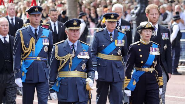 Prince William, King Charles III, Prince Richard, Duke of Gloucester, Princess Anne, Princess Royal and Prince Harry, Duke of Sussex walk behind the coffin during the procession for the Lying-in State of Queen Elizabeth II on Sept. 14, 2022 in London. (Chris Jackson/Getty Images)