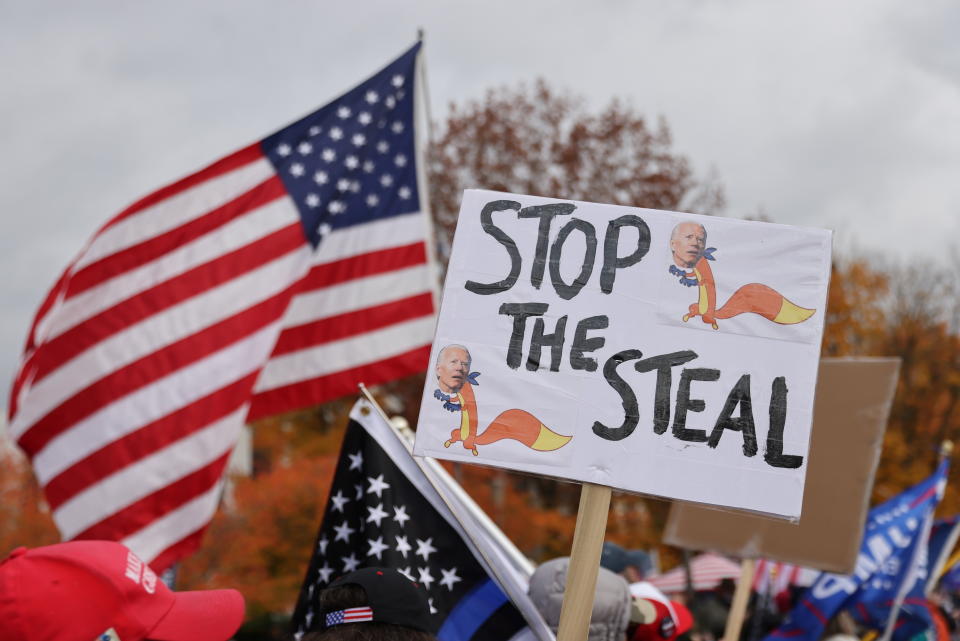 A placard reading "Stop the steal" is seen during a protest after media announced that Democratic presidential nominee Joe Biden had won the election. (Photo: Goran Tomasevic/Reuters)