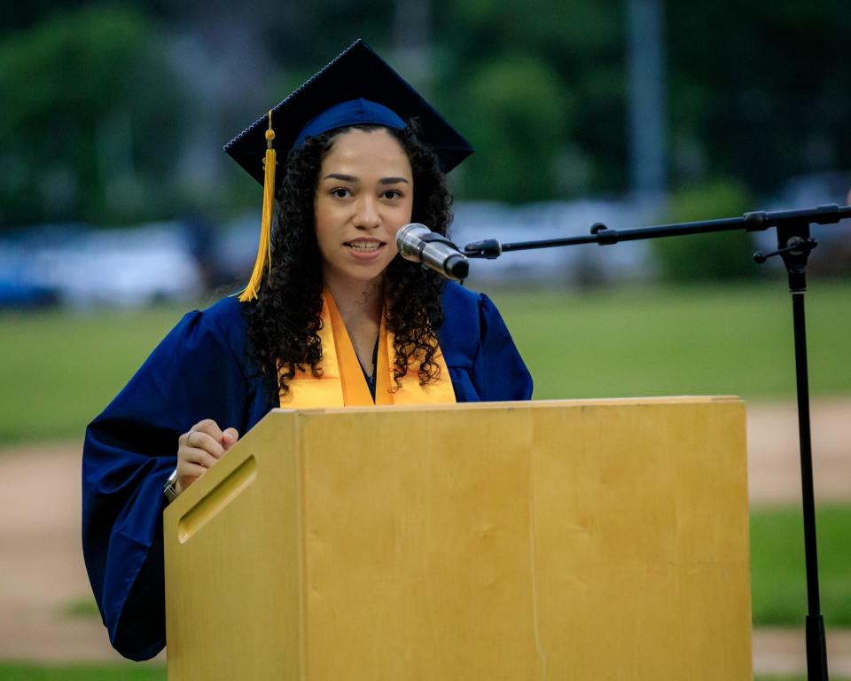 Valedictorian Monalisa Almeida presents her essay during the Class of 2022 graduation ceremony at Rockland High School on Friday, June 3, 2022.