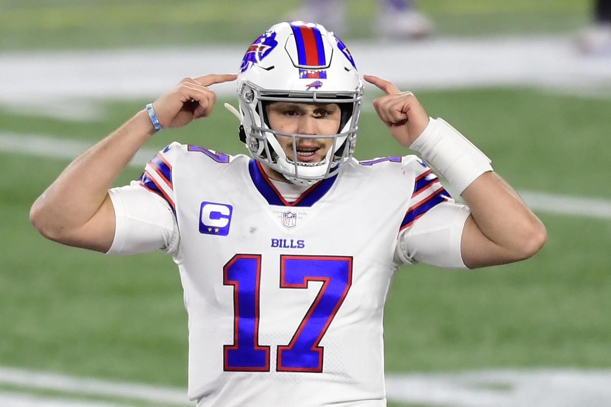 FOXBOROUGH, MA - DECEMBER 28: Josh Allen #17 of the Buffalo Bills throws reacts the first quarter of a game against the New England Patriots at Gillette Stadium on December 28, 2020 in Foxborough, Massachusetts. (Photo by Billie Weiss/Getty Images)