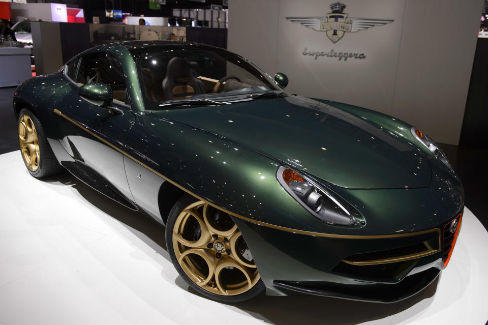 The new Touring Superleggera Disco Volante is shown during the press day at the 84th Geneva International Motor Show in Geneva, Switzerland, Wednesday, March 5, 2014. (AP Photo/Keystone, Martial Trezzini)